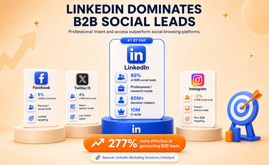 LinkedIn dominates B2B social leads compared with Facebook, Instagram, and X for business marketing