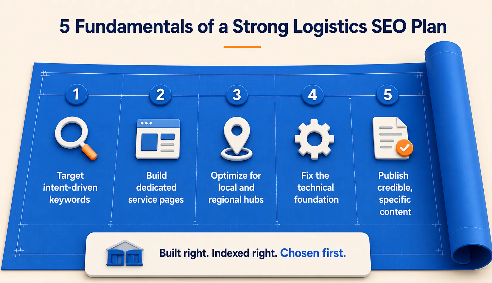 Five fundamentals of logistics SEO: intent-driven keywords, service pages, local optimization, technical SEO, and credible content.