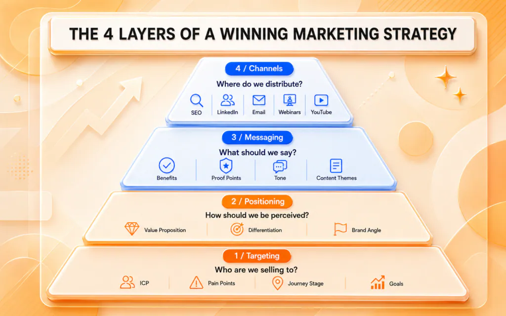 Four-layer B2B startup marketing strategy framework covering targeting, positioning, messaging and channels