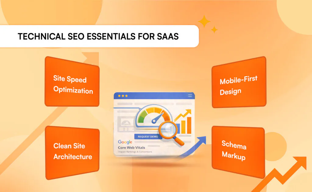 Key technical SEO essentials for SaaS: site speed, mobile-first design, clean site architecture, and schema markup.