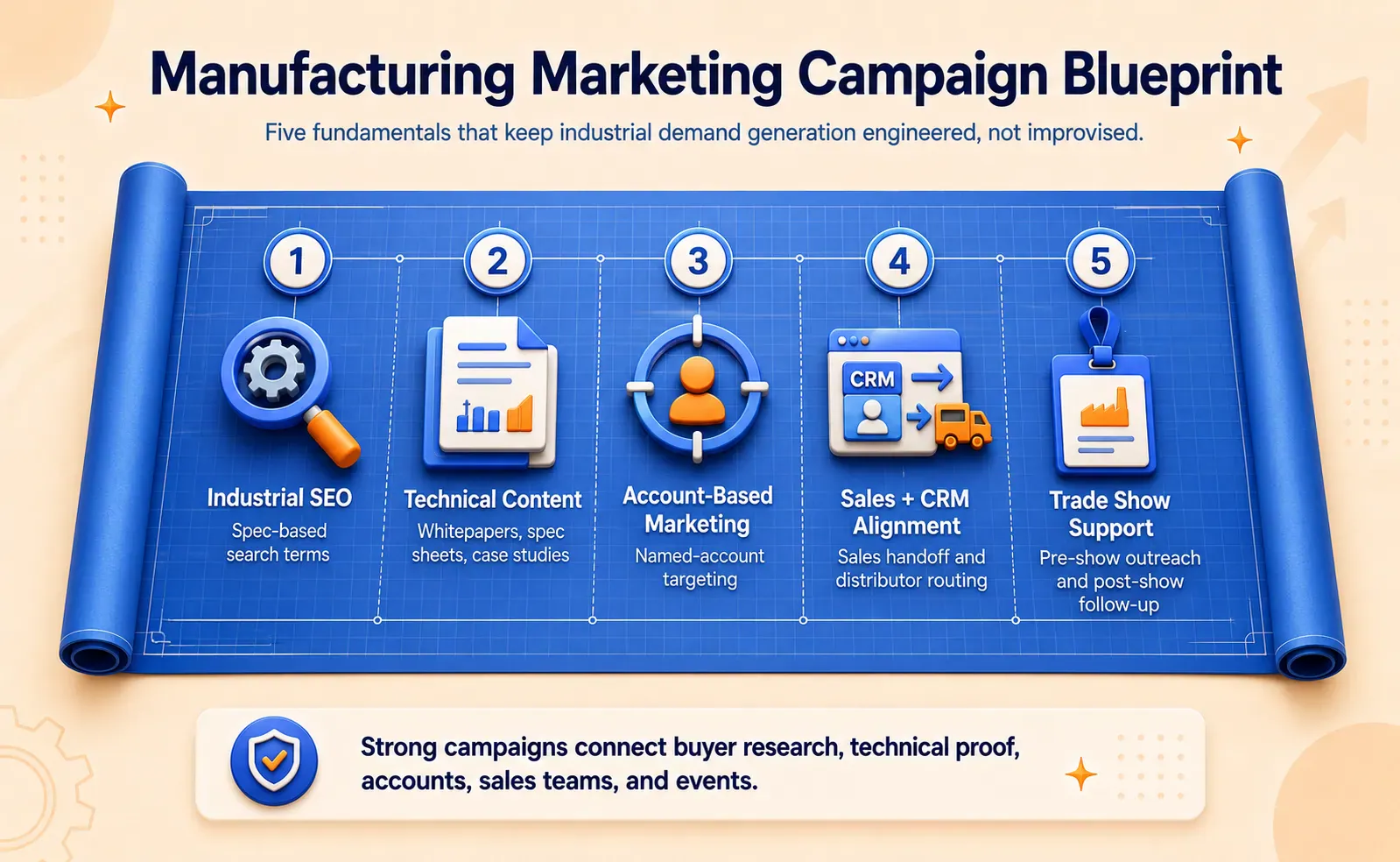 Manufacturing marketing campaign blueprint covering industrial SEO, technical content, account-based marketing, sales and CRM alignment, and trade show support.