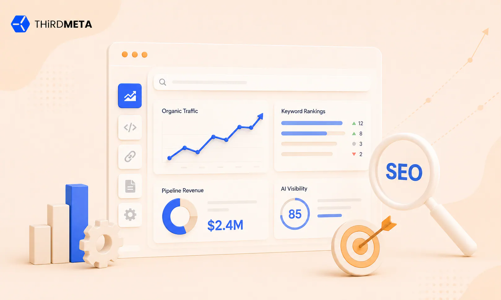 SEO performance dashboard showing organic traffic growth, keyword rankings, AI visibility metrics, pipeline revenue analytics, and search optimization insights for a B2B technology SEO agency.