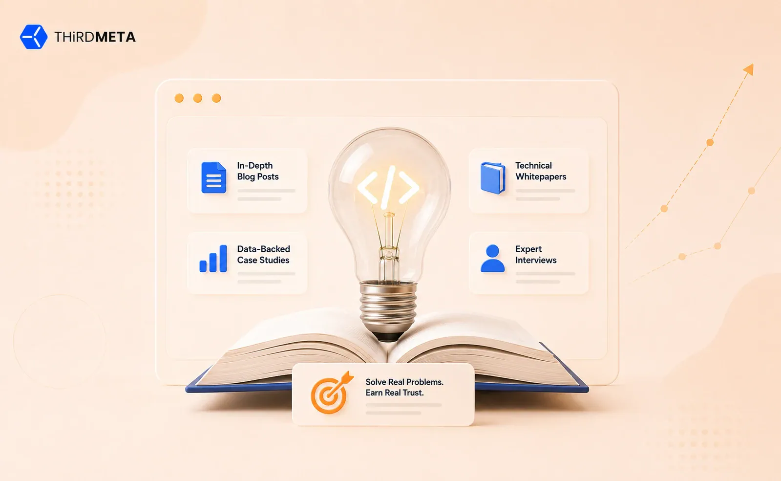 ThirdMeta blog banner showing an open book, glowing code lightbulb, and content cards for blog posts, whitepapers, case studies, and expert interviews representing content marketing for technology companies.