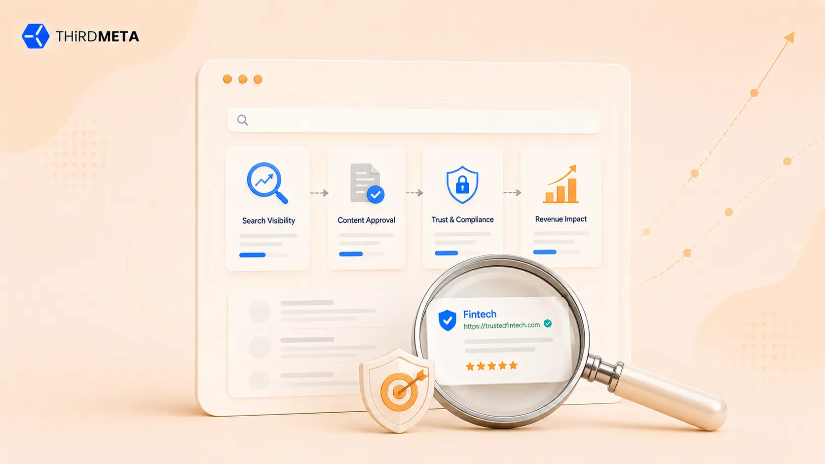 Fintech SEO strategy visual showing search visibility, content approval, trust, compliance, and revenue impact.