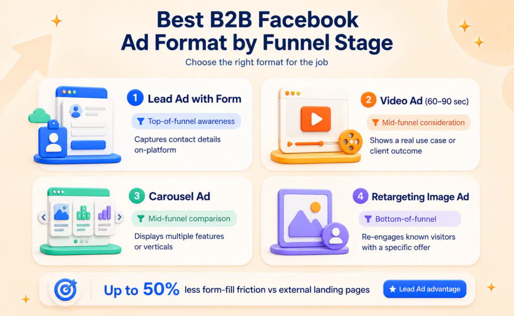 Best B2B Facebook ad formats by funnel stage, comparing lead ads, video ads, carousel ads, and retargeting ads